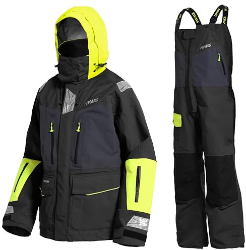 Men’s PRO Sailing Jacket Waterproof & Offshore Bib Pants + Hi-Vis Hoodie 3-Piece Wet Weather Gear for Crew & Ocean Racing (Charcoal, XL)