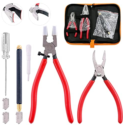 Swpeet Kit de 9 herramientas de corte de vidrio, alicates rompedores y alicates para correr de vidrio de mandíbula curva con puntas de goma, cortador de vidrio de punta de carburo de alimentación de