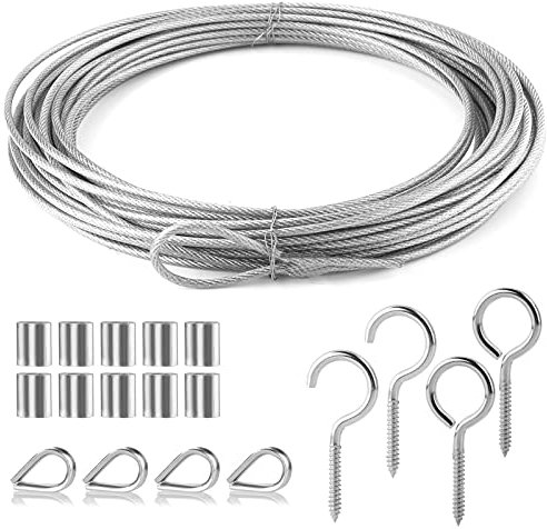 DesertBoy 19Pcs Garden Wire Rope Kit Picture Cable Railing Kit PVC 10m Stainless Steel Cable Rope 2mm with 10Pcs Aluminum Crimping Sleeves for Hanging Clothesline,Garden Fence,Plants,Photos,Lights,etc
