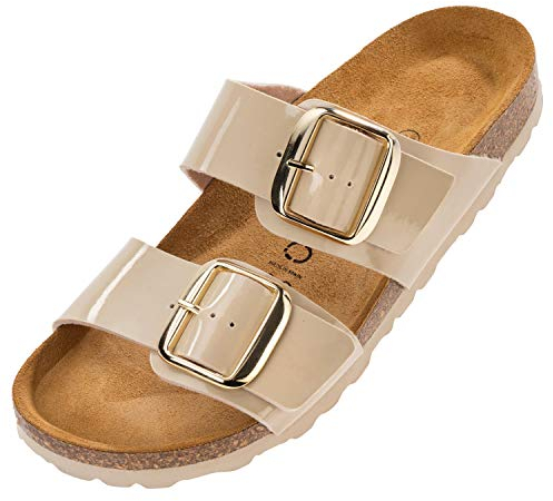 Palado Pantoletten Damen Samos GS - bequeme Sandalen Made in Spain - Hausschuhe mit dämpfendem Kork-Fußbett - modische Sommerschuhe Lack Creme UK6 - EU39