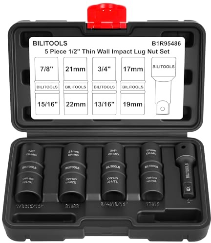 BILITOOLS Lug Nut Socket Set, 1/2 inch Drive Non-Marring Impact Flip Socket Set Metric 17-19 - 21-22 mm & SAE 3/4-13/16-7/8-15/16 inch, Thin Wall Wheel Protector Nut Socket