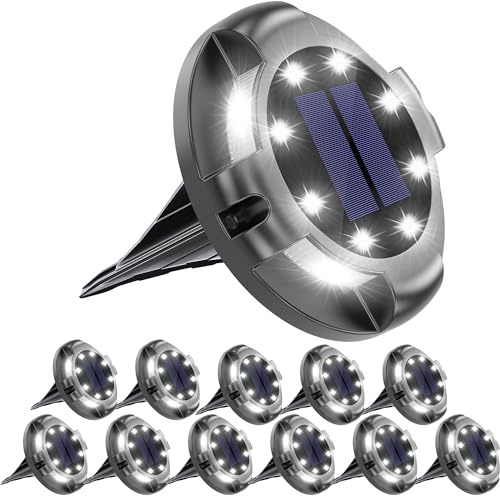 Biling Solar Outdoor Lights Walkway Lights 12 Packs, Bright Solar Ground Lights Uplight Sidelight Waterproof for Yard Walkway Garden Poolside (White)