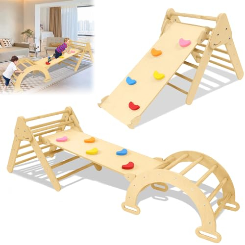 LARS360 Kletterdreieck Set | Kletterleiter Rutsche | Faltbarer Kletterdreieck für Kleinkinder ab 12 Monate | Aktivitäts Kletter Set aus Holz (Kletterset + Leiter Rampe)