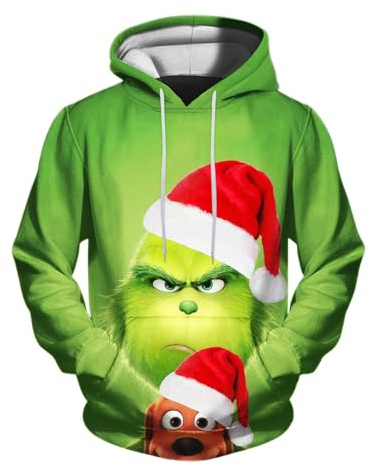 QWUVEDS Herren und Damen Weihnachten Christmas Hoodies Lustige kreative 3D Pullover Sweatshirt für Jungen Mädchen Langarm Hoodie Kordelzug Sweatshirt Grinch Pullover Decken Hoodie Grinch Kleidung