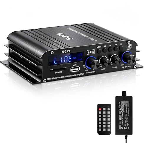 Audio Power Amplifier for Home Speakers -S-299 Bluetooth 5.0 Power Amp 4.1 Channel RMS 40Wx4 Subwoofer AMP DC 12V/5A Mini Integrated Digital Amplifier with USB/SD & AUX Jack