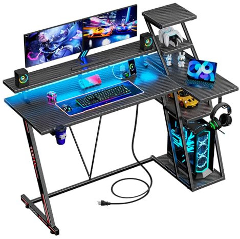 Korfile 40 Inch Gaming Desk with LED Lights & Power Outlet, L Shaped Computer Gaming Table with Storage Shelves, Reversible Corner Desk with Monitor Stand for Home Office, Carbon Fiber Black