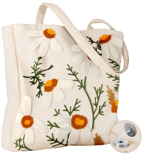 Miss Adola Aesthetic Embroidery Tote Bag for Women - Reusable Canvas Cloth Shoulder Bag with Cute 3d Full Daisy Embroidered Designer Shopping Bag for Grocery, Work, Book, Vacation