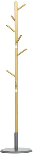 HOMCOM Perchero de Pie de Bambú Perchero de Entrada Recibidor con 8 Ganchos para Colgar Ropas Bolsas Perchero en Forma de Árbol Ø37,8x175,6 cm Natural y Gris