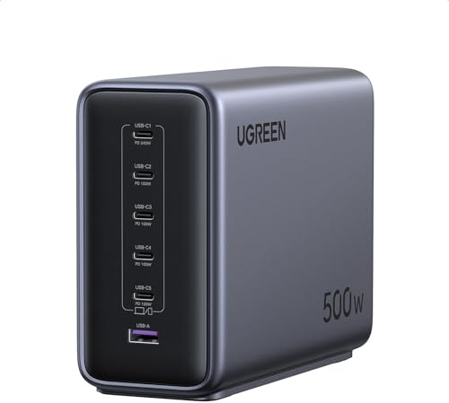 UGREEN Nexode 500W USB C Charger 6-Port GaN Desktop Charger Laptop Charger Fast Charging Station Compatible with MacBook Pro/Air, iPhone 17 Pro/Air/17/16/15, iPad Air/Pro, Pixel 9, Galaxy S25, etc