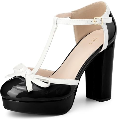 Perphy Bow T-Strap Platform Court Shoes Chunky Heel Pumps for Women Black UK 8/Lael Size 10 US