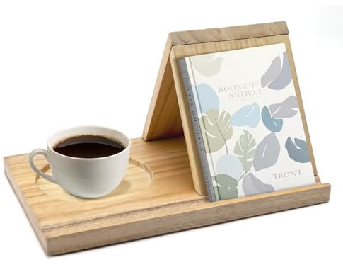 DAWRIS Small Reading Book Stand, Triangle Book Holder with Cup Holder, Wooden Book Nook Reading Valet, Book Rest for Bedroom Table Office Desk Library or Decoration for Coffee and Book Lovers Gifts