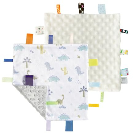 CREVENT Tag Sicherheit Decken für Babys, weiche kleine Loveys für Jungen, Baby Tröster sensorische Decke, große Geschenke für Geburtstag Baby-Dusche (25,4 x 25,4 cm Dino + Elfenbein)