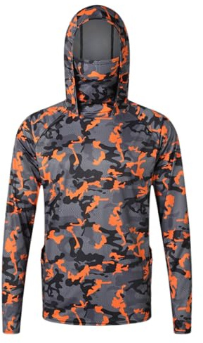 Générique T Shirt Anti UV Homme Capuche UPF50+ Chemise de pêche à Manches Longues Sweat à Capuche Protection Solaire Tee Shirt Anti-UV Respirant à Séchage Rapide (Masque Intégré)