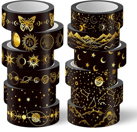 Whaline 12 Rolls Gold Foil Galaxy Washi Tape Black Gold Sun Moon Star Masking Tape Set Decorative Wrapping Paper Tapes for Scrapbook Journal DIY Art Crafts