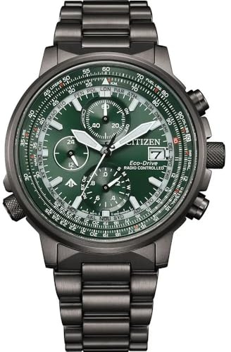 Citizen Radio Control AT8304-57W – Eco-Drive H800 Men's Watch, Radio Controlled, Stainless Steel Grey, Chronograph, Green Dial, 20 ATM