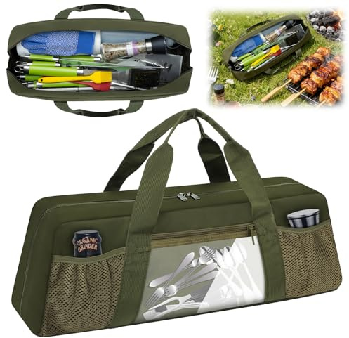 Grilltillbehör förvaringsväska, förvaringsfodral för utomhusgrillredskap för verktyg upp till 22 tum stora grilltillbehör caddy med flera fickor för camping, picknick, grillning