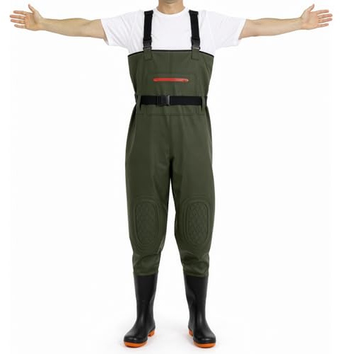 SUNNYNEST Chest Waders with Boots, Rain Trouser, Waterproof PVC Fishing Waders with Adjustable Suspenders, Anti-Slip Sole Pond Waders for Men Women Unisex (44 Shoe size)