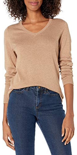Amazon Essentials Women's Classic-Fit Lightweight Long-Sleeve V-Neck Sweater (Available in Plus Size), Camel Heather, Medium
