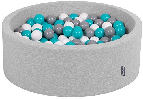 KiddyMoon 90X30cm/200 Palline ∅ 7CM Piscina di Palline Colorate per Bambini Tondo Fabbricato in EU, Grigio Ch:Grigio/Bianco/Turchese