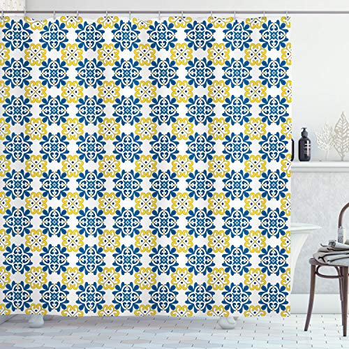 ABAKUHAUS Spanisch Duschvorhang, Portugiesisch-Mosaik-Fliesen, Stoffliches Gewebe Badezimmerdekorationsset mit Haken, 175 x 180 cm, Weiß Blau Gelb