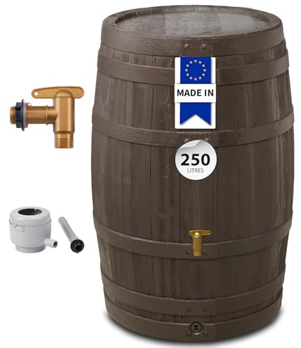 4rain Kit Récupérateur d'eau Pluie Tonneau Vino 250L Brun foncé avec Robinet PE Imitation Laiton, Couvercle et collecteur Eco Gris, Grand réservoir Design Effet Bois pour Jardin, terrasse et Potager