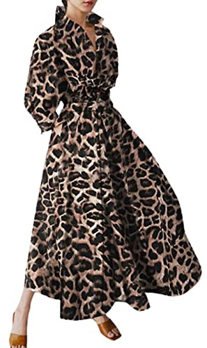 Women Maxi Shirt Dress Long Sleeve Button Smocked Waist Long Dress Loose Swing Party Dress with Pockets (Coffee Leopard, 3X-Large)