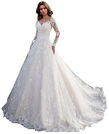 Vestido de Novia Blanco con un Hombro y Mangas largas de Encaje for Mujer Vestido de Manga Transparente Estampado (Color : White, Size : M)