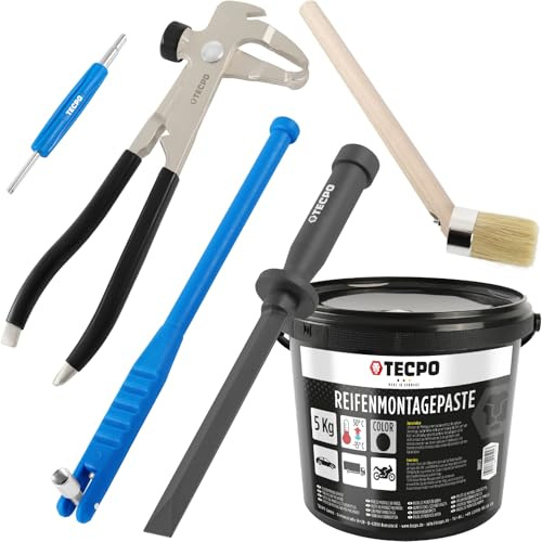 TECPO Set di riparazione pneumatici da 5 pezzi, peso bilanciato, pinza per la rimozione della valvola, peso adesivo, raschietto in plastica, 19 mm, pasta per montaggio pneumatici 5 kg, colore nero