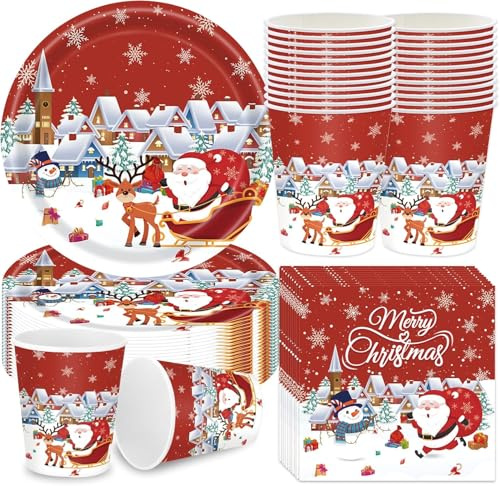 LATERN 100 Piezas Vajilla de Papel para Fiestas Navideñas, 25 x 23CM Platos de Llanos, 25 x 19CM Platos de Ensalada, 25 x 270ml Vasos, 25 x 16CM Servilletas - para Navideña Invernal Fiesta Decoración