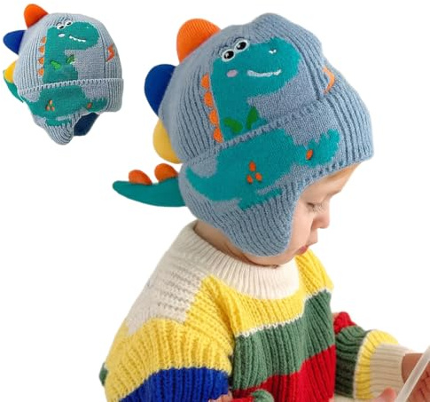 Gorro cálido para niños, diseño con forma de dinosaurio, apto para niñas y niños de 0 a 1 año, gorro de punto cálido para el invierno, apto para otoño, invierno y primavera (azul).