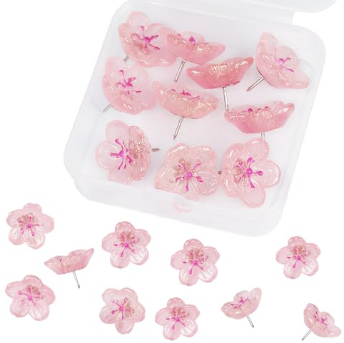 VelvetGlow 10 st blommor häftstift för anslagstavlor, körsbärsblommor - söt körsbärsblommor dekoration för hem, kontor, klassrum, fotovägg och kartor