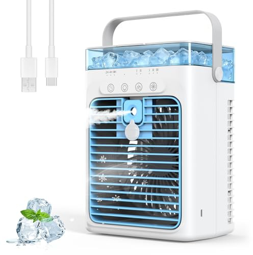 Portable Air Conditioners, Personal Evaporative Air Cooler, 3-Speed Small AC Fan, 8H Auto-off, Mini Air Conditioner, Cooling Fan for Car, Desktop, Camping, Bedroom, Office (Blue)