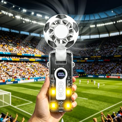 Ventilatore Portatile a Mano in Stile Calcio, Mini Ventilatore Turbo con Batteria Ricaricabile 3600mAh e Display Digitale, 180 ° Pieghevole 3 in 1 Collo a Mano e Ventilatore da Tavolo per Viaggi