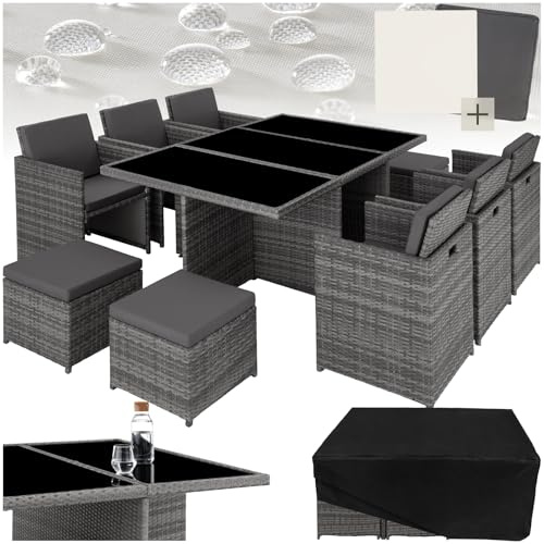 tectake® Salon de Jardin Exterieur en Résine Tressée Poly Rotin Salon de Jardin Table 10 Personnes Fauteuil Exterieur Encastrable Aluminium, 2 Sets de Housses + Housse de Protection – Gris