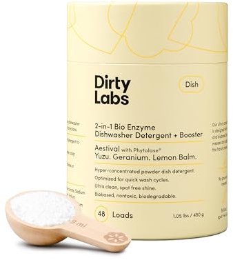 Dirty Labs Detergente y potenciador para lavavajillas, aroma Aestival, 48 cargas (1 libra), ultra limpio, sin manchas, optimizado para lavado rápido, hiperconcentrado
