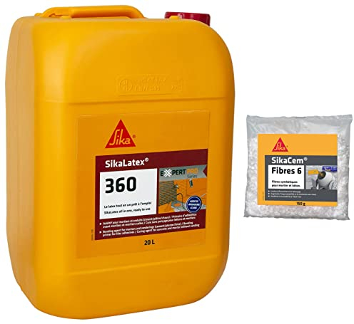 Sika - SikaLatex 360, Additif pour mortier et béton, primaire et produit de cure prêt à l'emploi, 20L & em Fibres 6, Fibres synthétiques 6mm pour enduits et mortiers, 150g, Blanc