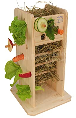 Resch Nr43 Futterturm, naturbelassenes Massivholz aus Fichte/Lochwände und Rundstäbe zum stecken oder hängen der Snacks/mit Großer Heuraufe von Zwei Seiten zugänglich /24,5 x 40 x 24,5cm (LxHxB)