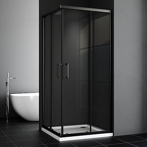 Duschkabine 90x90x185cm Eckeinstieg, Duschkabine 90x90 schwarz Duschabtrennung Doppel Schiebetür Echtglas Duschtür Duschkabine Schiebetür