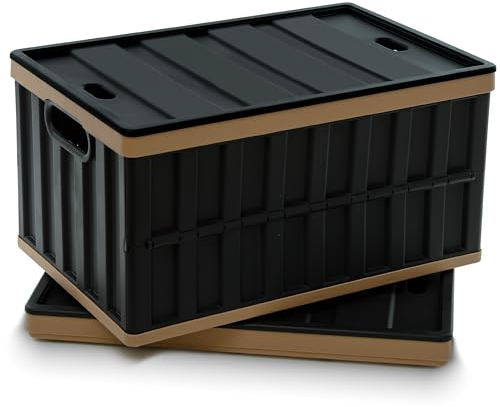 Citylife Lot de 2 Boîte rangement empilable en plastique de 64 L, avec couvercle, boite pliantes Pour usage domestique, camping en plein air, bureau, garage, rangement d'outils, noir