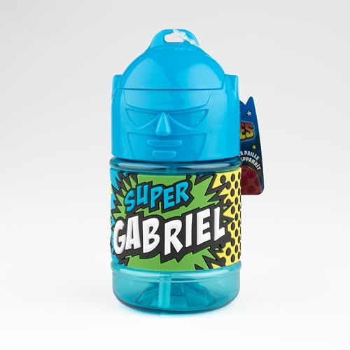 Personalisierte Kinder-Trinkflasche mit Strohhalm – Super Gabriel, Blau