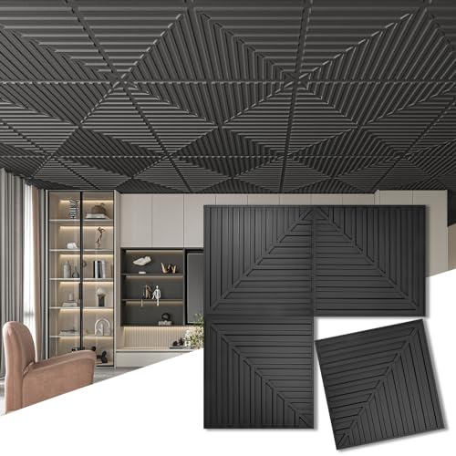 Art3d 12-Pack 2 x 2 ft 3D Textured Drop Ceiling Tiles, 24 x 24 in, Black
