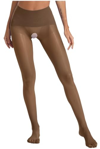 dPois Damen Strumpfhose Ouvert Sexy Leggings Nylon Strümpfe Stocking Leggings Lange Unterhose im Schritt Offen Unterwäsche Dessous Braun Einheitsgröße
