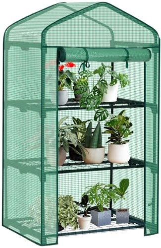 AMHANCIBLE Gewächshaus, Foliengewächshaus mit 3 Regale, 69x49x124cm, Tomatengewächshaus mit PE Folie und aufrollbare Tür, für Balkon Terrasse Garten, stabil, platzsparend, Grün EGWH03GR
