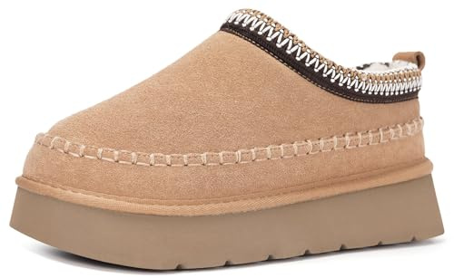 Dokela Femme Chausson en Daim Suède Cuir Véritable Pantoufles Hiver Chaud Doublure en Feutre Imperméable Antidérapante Semelle Épaisse Slippers,Marron Foncé,38 EU