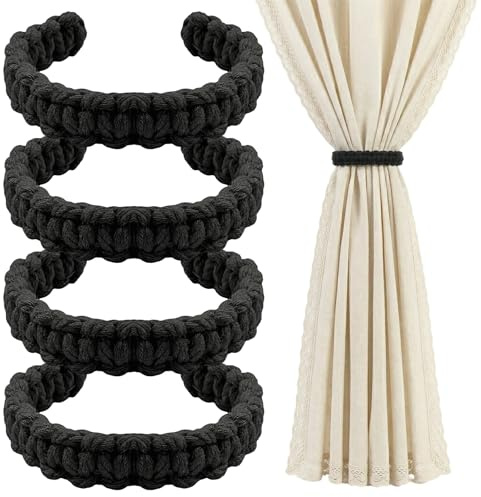 4 Piezas Alzapaños para Cortinas Bohemio Hoja,Alzapaños de Cortina Trenzados,Sujeta Cortinas,Ideal para el salón, el Dormitorio y la Oficina (Negro)