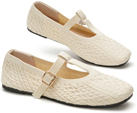 GLAMORA Ballerines Femme à Bride avec Fermeture à Clip, Chaussures Plates Souples en Textile Texturé, Bout Carré Arrondi, Légères et Confortables