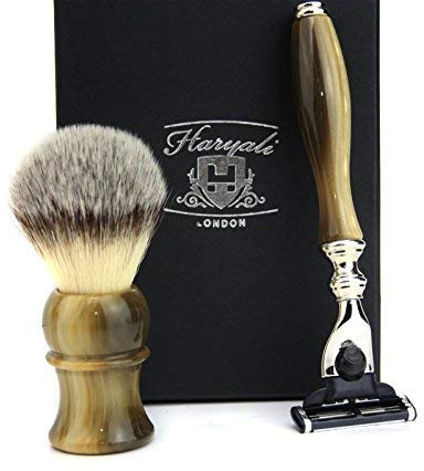 Vintage Style Luxury Shaving Gift Set for Men (Synthetic Hair Brush Horn Handle,3 Different Type of Razor to Choose Horn Handle.Perfect as a Gift to Him (Triple Edge Razor))