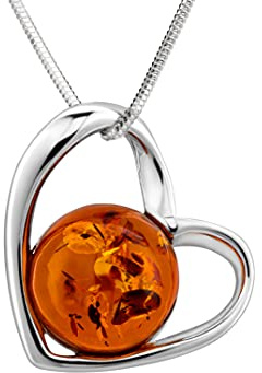 Collar De Mujer Con Colgante En Forma De Corazón De Ámbar Báltico Auténtico Y Plata Sterling