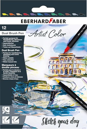 Eberhard Faber 558212 Artist Colour Sketch Marker Set with 12 Colours, Fibre-Tip Pens with Double Tip, in Cardboard Case