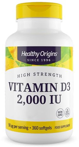 Healthy Origins, Vitamina D3, 2.000 UI, Depot 2-Day-Dose, 360 Capsule, Testato in Laboratorio, Senza Glutine, Senza Soia, non OGM, Dose di 2 giorni di Vitamina D